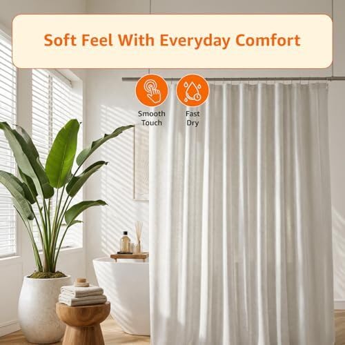 Image of Amazon Basics Shower Curtain 7 Feet | Waterproof Bathroom Curtain | PVC-Free, No Plastic Smell | Machine Washable Fabric | Off-White | 6ft Wide | 12 Hooks -180 CM X 210 CM