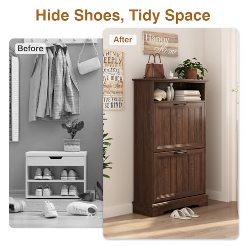 Image of 24 inch W Hidden Shoe Storage Cabinet with 2 Flip Drawers & Open Storage