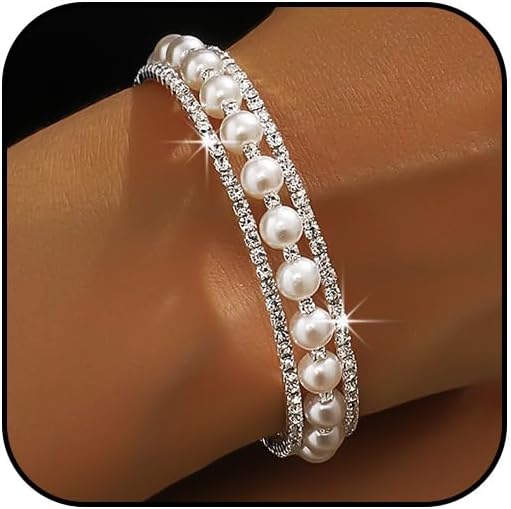 Silver Pearl Bracelet for Women Sparkly Stretch Rhinestone and Pearls Bangle Cuff Adjustable Faux Diamond CZ Bracelets Bling Wedding Costume Jewelry
