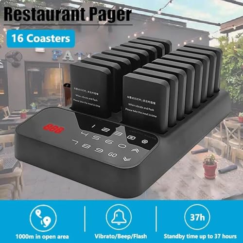 16 Sistema de pager de restaurante, sistema de campainha sem fio, cobertura de 1000 m + bateria de l