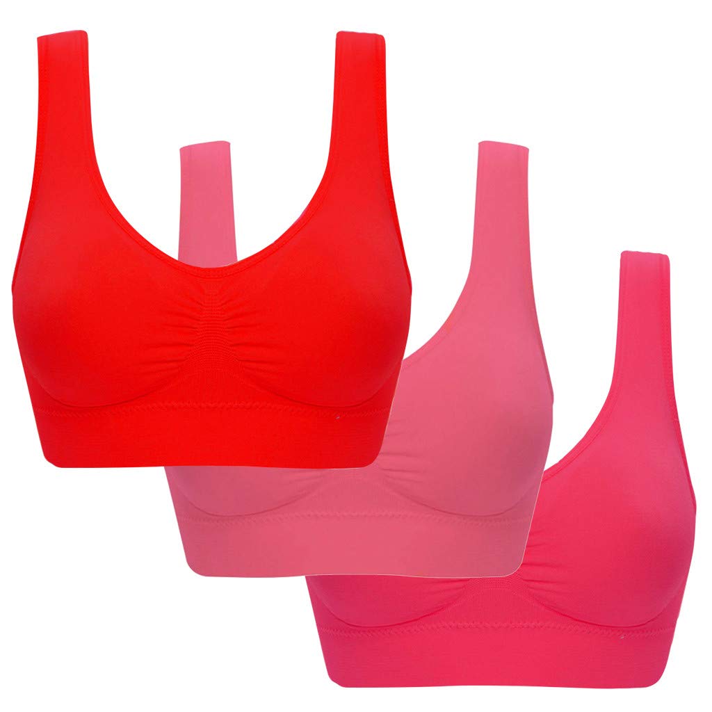 VOWUA 3 Pieces Women's Plus Size Seamless Wire-Free Sports Bra Tank Tops Workout Gym Activewear T-Shirt Bra
