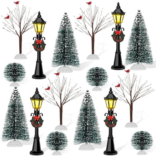 KVCSYAW 16 PCS Christmas Figurine Village Accessories, Mini Street Light Models with Brush Trees, Miniature Christmas Pathway Street Lamps Lantern Post for DIY Micro Landscape Fairy Garden