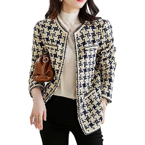 BININBOX Blazer en Tweed Chic Veste Courte à Carreaux pour Femme Élégant sans Col Travail Bureau Décontracté (Beige, L)