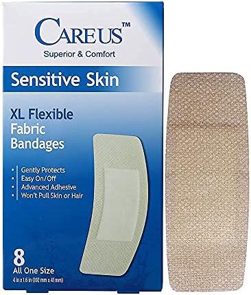 CareUs Painless Bandages for Sensitive and Elderly Skin - XL Flexible Fabric, Max Hold Silicone Adhesive, Latex-Free, Breathable & Absorbent - 32-Count Pack (8ct x 4)