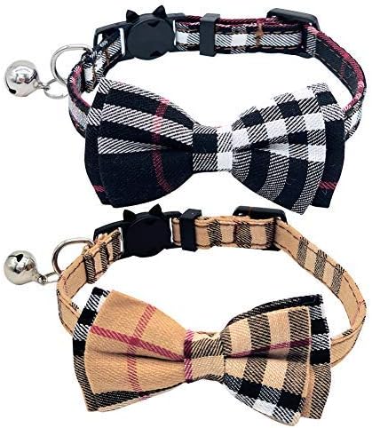 UIUIX 2 Pack Cat Collar Breakaway with Bowtie and Bell for Kitty, Cat Bowtie Collar Adjustable 7.8-10.5 Inch (Plaid Black & Brown)