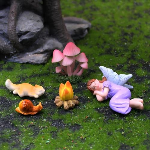 Gwindrise Miniature Fairy Garden Decorations Set, 5-Piece with Sleeping Fairy, Pink Mushrooms, Glowing Bonfire, Squirrel, and Snail, for Girls Fairy Garden Accessories