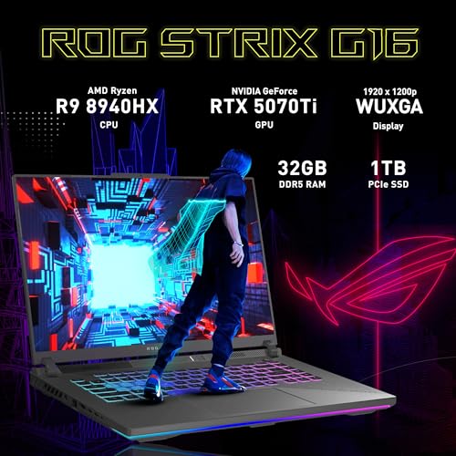 Image of ASUS ROG Strix G16 Gaming Laptop, 16 inch WUXGA 165Hz Display, NVIDIA GeForce RTX 5070 Ti, AMD Ryzen 9 8940HX, 32GB DDR5, 2TB Storage(1TB SSD+1TB Docking Station Set), Backlit Keyboard, Win 11 Pro, Gray
