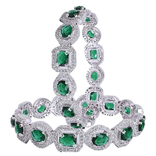 Image of RATNAVALI JEWELS American Diamond Studded Silver Plated Traditional Emerald Green CZ /Diamond Bangles for Women /Girls RV1938GW