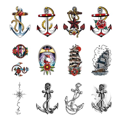 SanerLian Anchor Ship Temporary Tattoo Sticker Waterproof Fake Tatoo Men Women Adult Boys Teens Body Art 10.5X6cm Set of 12 (SF262)