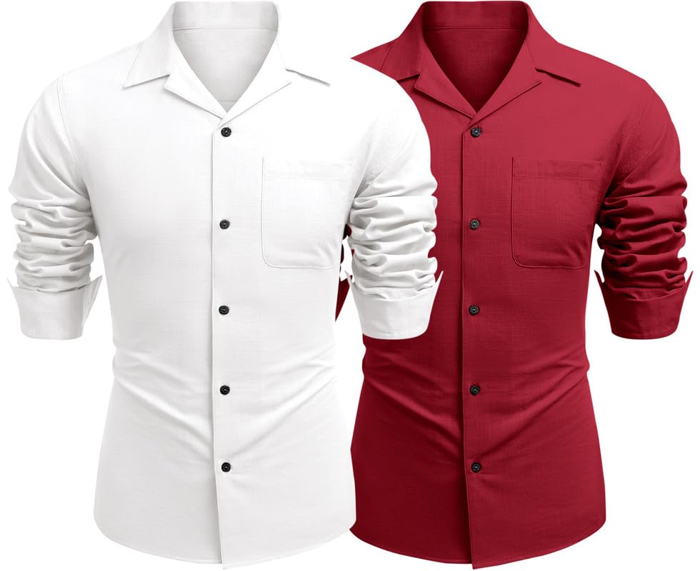 Image of Combo of Men's Casual Cotton Blend Shirt || Long Sleeve Button Down with Spread Collar | Lightweight Breathable Fabric | Stylish Solid Shirt for Beach, Office & Everyday Wear Pack of 2