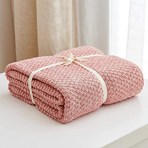 Longhui Bedding Dusty Pink Knitted Throw Blanket For Couch, Soft, Cozy Machine Washable 100% Cotton Sofa Knit Blankets, Heavy 2.8Lb Weight, 51 X 63 Inches, Pink And White Color, Laundry Bag Included #TOP6