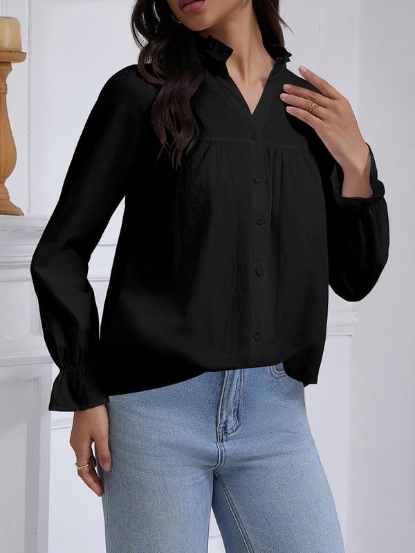 Womens Button Down Long Sleeve Fall Tops Pleated Dressy Work Babydoll Peplum Ruffle Blouse Shirt - Image 3