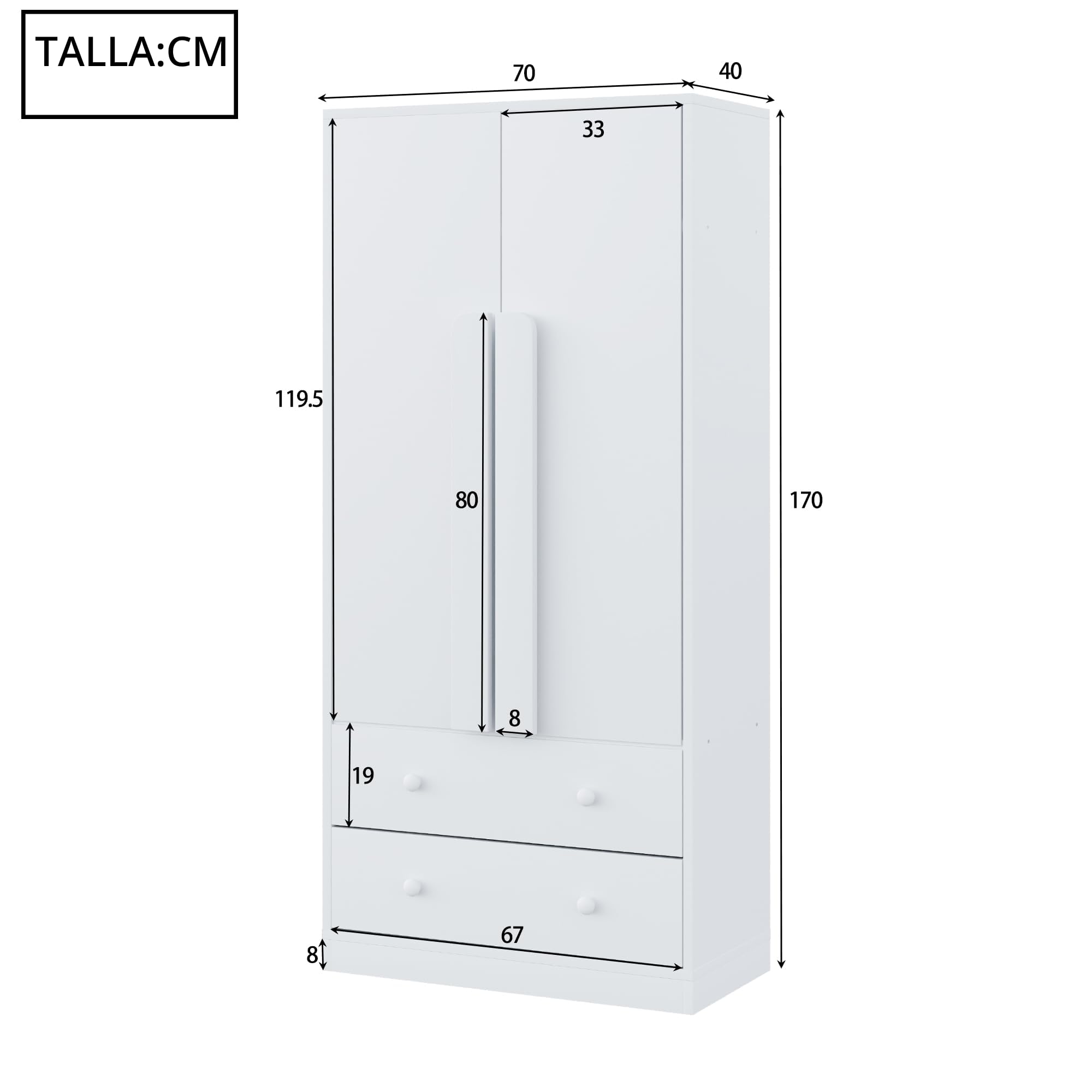 Armario de 70 x 40 x 170 cm, diseño de puertas dobles, con cajones y estantes (blanco)