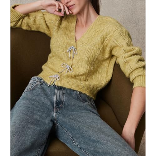 Image of Women Y2K Solid Color Knit Cardigan Long Sleeve V Neck Bow Button Open Front Sweater Top Vintage Going Out Knitwear
