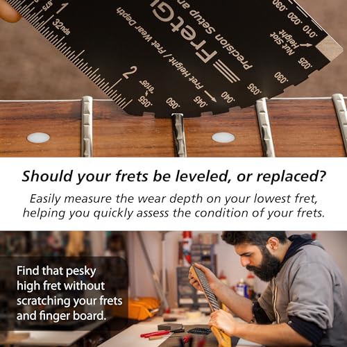 fretguru string action gauge guitar fret ruler precision fret rocker precise cnc machined diamond honed polished edge guitar string height gauge luthier tool with thick leather case