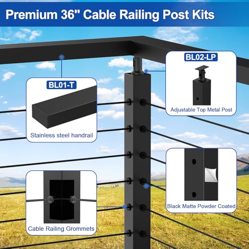 Image of BLIKA 42 inch Cable Railing Corner Post(Post 41 inchx2 inchx2 inch), 2-Side Drilled Corner Post, Stainless Steel Adjustable Top Corner Post, Top Mount Matte Black Cable Railing System Corner Post, BL01-CP