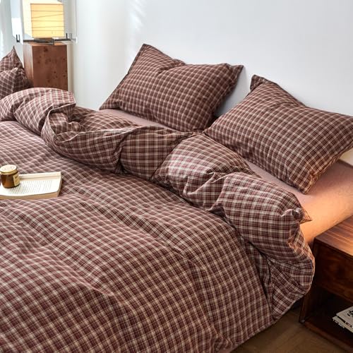 Image of EAVD Vintage Style Burgundy Gingham Duvet Cover Queen 100% Washed Cotton Like Linen Feel Soft Checkered Grid Plaid Bedding Set with 2 Pillowcases Farmhouse Grid Geometric Duvet Cover with Zipper