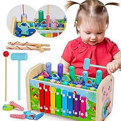 7 in 1 Hammering Pounding Toys Wooden Montessori Educational Fishing Game Xylophone Toy for 1 2 3 Year Old Baby Sensory…