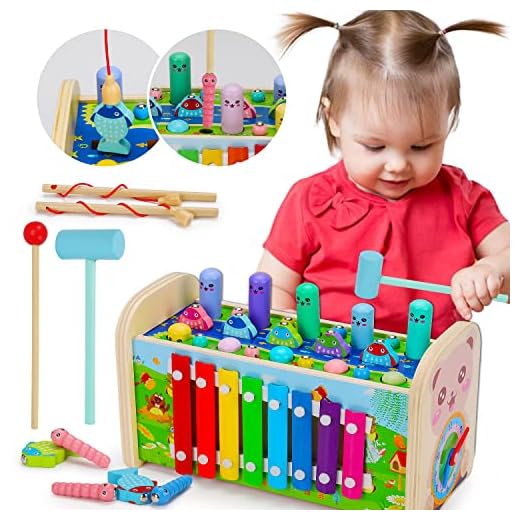 7 in 1 Hammering Pounding Toys Wooden Montessori Educational Fishing Game Xylophone Toy for 1 2 3 Year Old Baby Sensory Developmental Toy Fine Motor Skill Preschool Toddler Activities Age 1-2 2-4 Gift