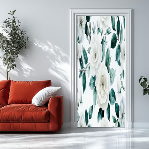 Mural Pegatinas Puerta 3D Estampado Floral Blanco 77x200cm Papel Pintado Puertas de Vinilo Para La Renovación De Puerta Arte Etiqueta Póster Pegatina Pared Diy Decoración
