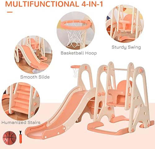 HOMCOM 3 in 1 Design Kids Swing and Slide Set with Basketball Hoop Toddler Playground Play Set Fun Climber Set Activity Center Indoor and Outdoor Play Equipment Pink