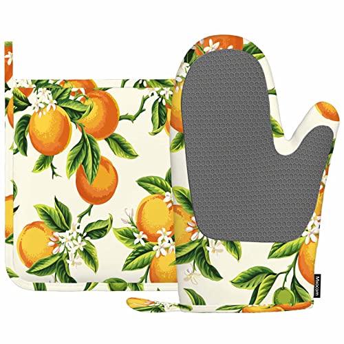 Mxocom OVENMITTA2086 Orange Oven Mitt And Pot Holder With Silicone Summer Fruits Cirtus Blooming White Flowers Foliage Green Leaves Plant Heat Resistant Kitchen cover
