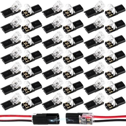 Pivotik 60pcs Quick Clip Fasteners Wire Connector, Double Wire Plug in Connectors Terminals, Quick Connect Terminals Cable Snap on Blocks for 18-22AWG Low-Voltage LED Strips- Black