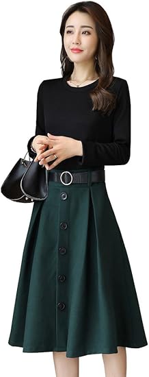 Amazon Co Jp Fevon ワンピース レディース 長袖 秋冬 フェイク2点セット 切り替え 配色 Aライン フレア スカート ベルト付き ひざ下 無地 エレガント スリム 着痩せ フォーマル カジュアル 結婚式 お呼ばれ パーティー 服 ファッション小物