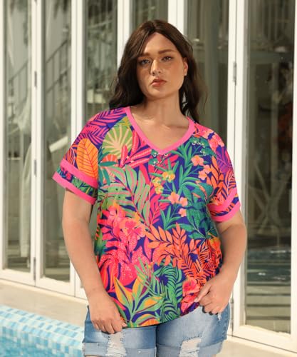 Image of CARCOS Womens Plus Size Tops Short Sleeve Shirts V Neck Tunic Floral /Tie Dye /Solid Summer Tees XL-5X