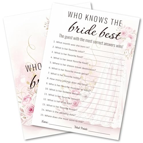 WENFLY Bridal Shower Party Game Cards - Who Knows The Bride Best for Wedding Engagement Bachelorette - Watercolor Wedding Dress Roses Peonies - 30 Pcs 5x7 Inch Ready To Play Instant Fun