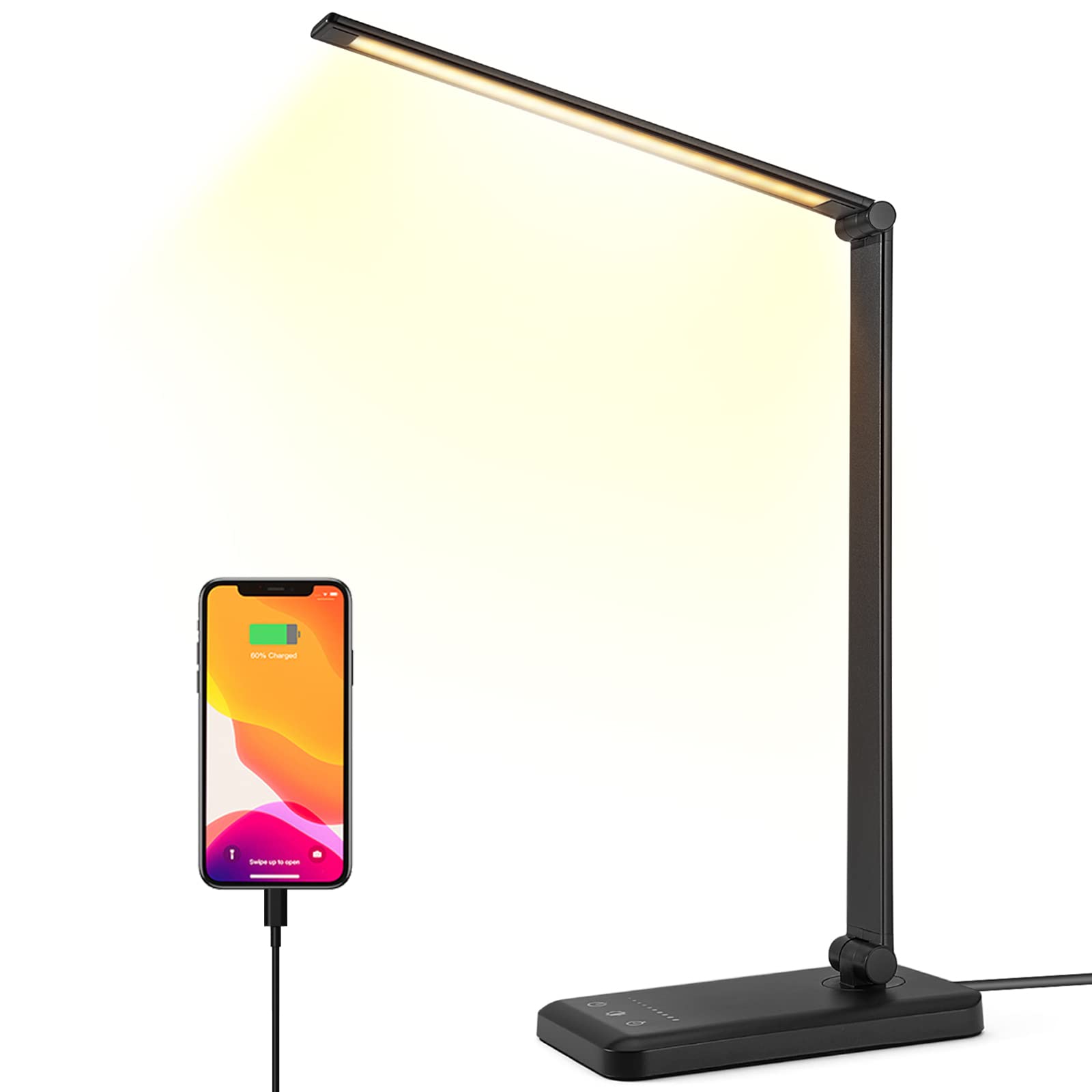Schreibtischlampe mit USB-Ladeanschluss, 5 Farbmodi, 10 Helligkeiten, Schwarz