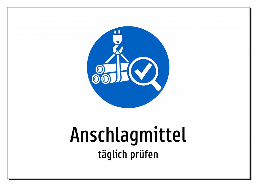 Anschlagmittel - täglich prüfen – Aluminiumschild A2: 594x420mm – Mit Grafik und Text