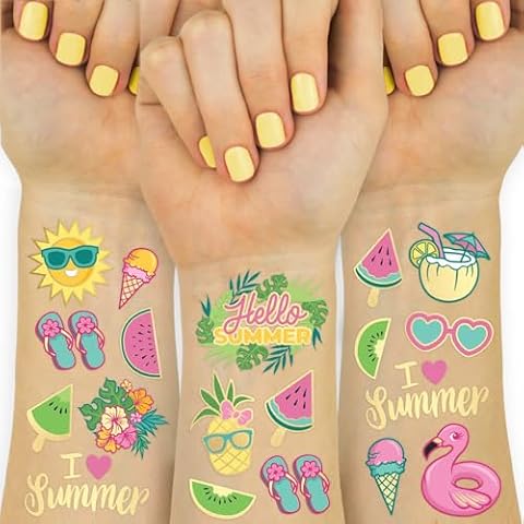 DIELOVEHUA Hawajskie tatuaże tymczasowe, 2 arkusze tatuaży dla dzieci, brokatowe hawajskie dekoracyjne naklejki, upominek na lato, basen, plażę, tropikalną imprezę, prezent urodzinowy dla dzieci