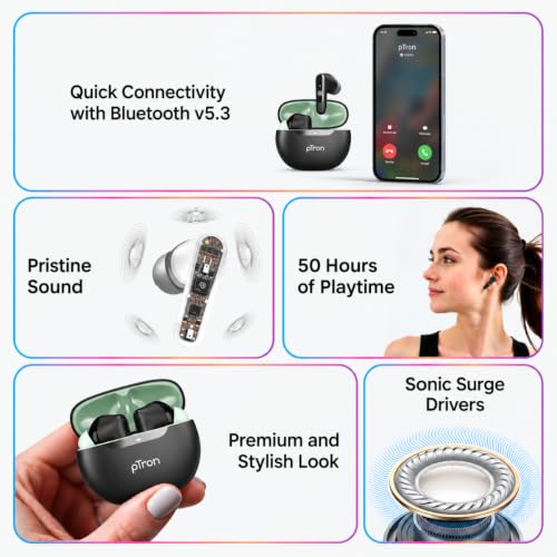 pTron Bassbuds Astra TWS Earbuds (Black) Black & Green - Image 3