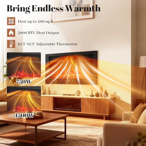Image of Giantex 36 inch Electric Fireplace Insert, Wall Recessed /Mounted, Freestanding Fireplace with Remote Control, 3 Color Adjustable Flames, 2 Modes Heat, 8H Timer, 5 Brightness, 750 /1500W Heater