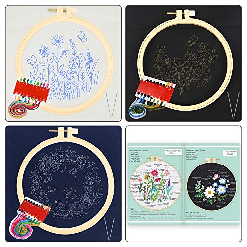 Caydo 3 Sets Cross Stitch Kits Forbeginners, Adults Including Embroidery Fabric With Floral Pattern, Embroidery Hoop, Thread And Tools #TOP1