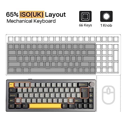 EK68 65% Guarnizione Tastiera Meccanica NKRO con Manopola, Layout ISO (UK), Tastiera da Gioco Hot Swap a Tripla Modalità con Batteria 3000mAh, RGB per Win/Mac (Gateron Pro Black, Oro Nero) - Tastiera gaming - Immagine 5