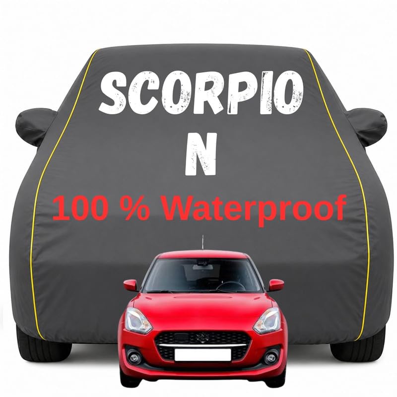 Image of Durable Full Body Waterproof Scorpio-N Car Cover | Premium Polyester Grey Cover | Custom Fit Vehicle Protection | UV Resistant, Dustproof, Scratch Resistant, Heat & Wind Protection