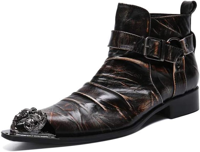 WLGC Retro Leather Boots, Men's Tube Iron Head Trend Fashion Personality Rock Roman Martin boots High Shoes,42