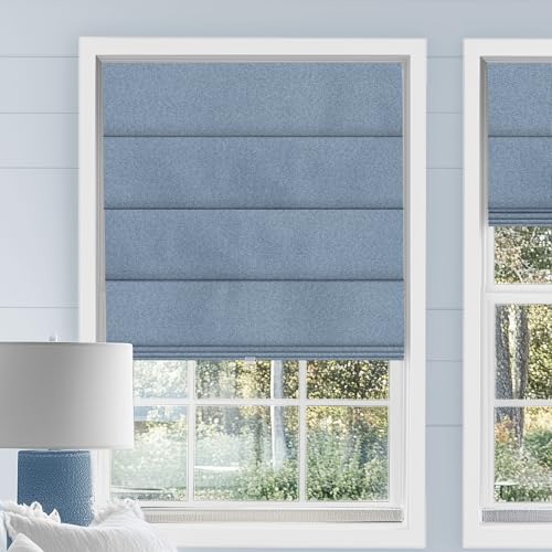 Sulugood Cordless Roman Shades for Windows Blackout Roman Blinds,Room Darkening Thermal Insulated Window Shades for Home Living Room Bedroom, Blackout Blue 21
