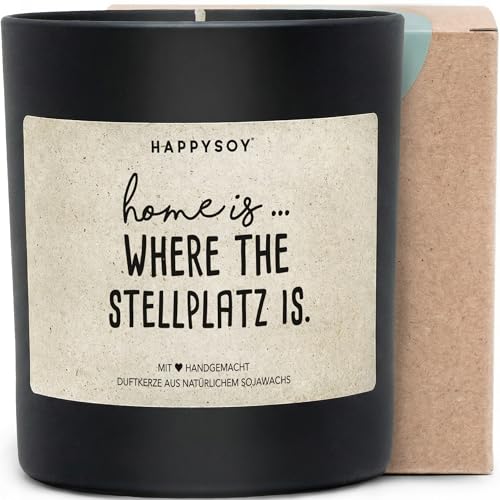 Home Is Where The Stellplatz Is - Duftkerze mit Spruch als Geschenk für Camper, liebevolle Geschenkidee für Campingfans, Wohnmobil-Liebhaber, Kerze im Glas mit blumigem Duft