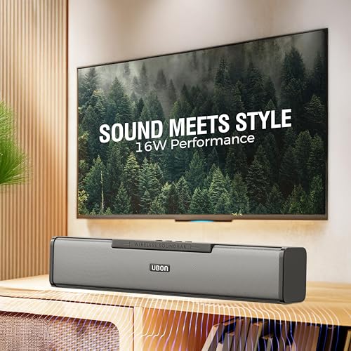 Image of UBON Thunder SP90 Wireless Sounbar with Voice Changer Mic, 16 W Powerfull Sound Output, Built in Mobile Holder, 10HRS Playtime, Bluetooth Sound Bar, Soundbar Speaker (Black)
