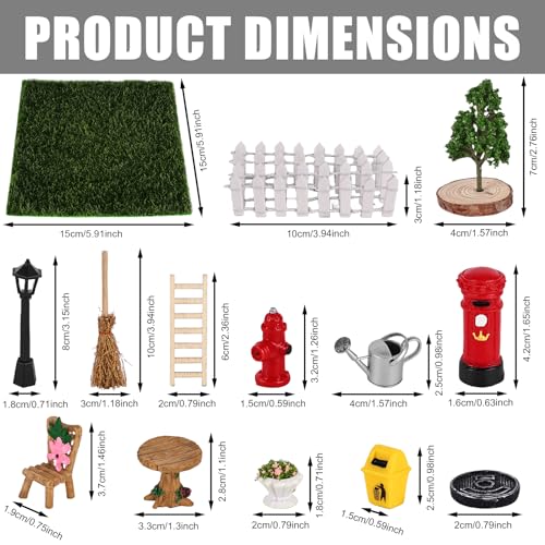 18Pcs Miniatur Garten Zubehör, Minigarten mit Kunstrasen, Zaun, Schemel, Tisch, Holzleiter, Straßenlampe, Baum, Besen, Mini Garten Möbel Deko Ornament Set für Weihnachtswichtel, Puppenhaus, Feegarten – Bild 3