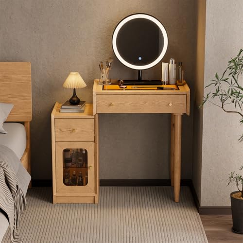 Image of Luxury 100% Solid Wood Vanity Desk with Mirror, Mid-Century Modern Makeup Table with Glass Top & Ambient Light, 2-in-1 Vanity and Nightstand with Storage Cabinet for Bedroom ([Natural] Desk + Mirror)