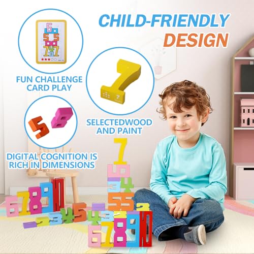 Wooden Number Building Blocks - 20Pcs Stacking Toys for Kids 3+ Years, Balance Competition Game, Educational Math Learning Toys with 1-10 Digits, Ideal Gift for Boys & Girls