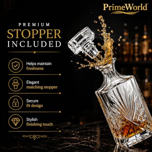 Image of PrimeWorld Whiskey Decanter - Irish Cut | 750 ml Glass Decanter for Scotch, Bourbon, Vodka, Wine & Liquor | Elegant Barware Set of 1