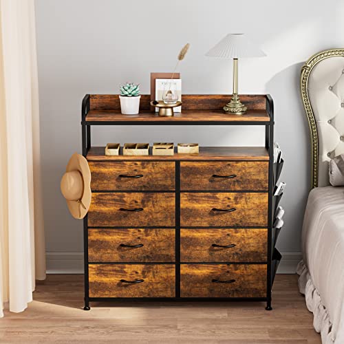 Lulive 8 Drawer Dresser With Shelves, Chest Of Drawers For Bedroom With Side Pockets And Hooks, Fabric Storage Tower Organizer For Nursery, Hallway, Closet, Wood Top (Rustic Brown) #TOP7