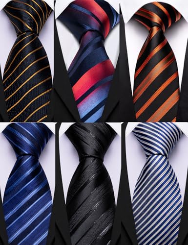 Image of Barry.Wang Mens 6 PCS Ties Silk Striped Paisley Check Floral Necktie Silky Woven Wedding Business Party Ties 3.34 inch
