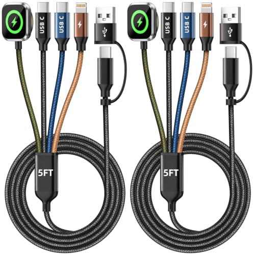 Image of Cruise Essentials 2026, Dual Type-C 4 in 2 Multi Charging Cable for iPhone Watch Charger /iPhone 17 /IP, iWatch Charger,Travel /Camping EssentialsCompatible with iWatch 11-2 /Ultra /iPhone 17-8,Car 5FT 2PK