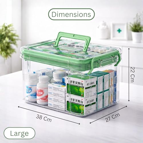 Image of HoopVool Plastic Medicine Storage Box Organizer, Family Emergency Kit Portable Lockable Container for, Art Craft and Household Organizer (Green, Large)